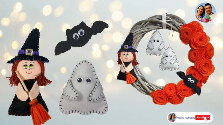 Corona Para Halloween, Brujita, Murciélago y Fantasmitas con Arte en Tus Manos